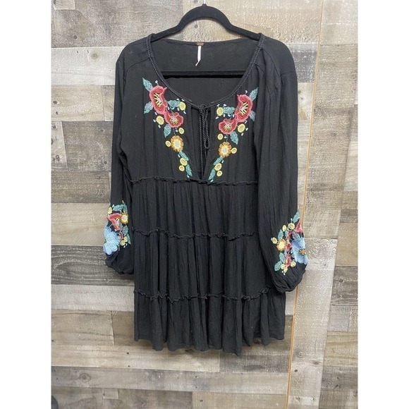 Free People Womens Boho Black Floral Embroidered Long Sleeve Mini Dress Size XS - Picture 2 of 7